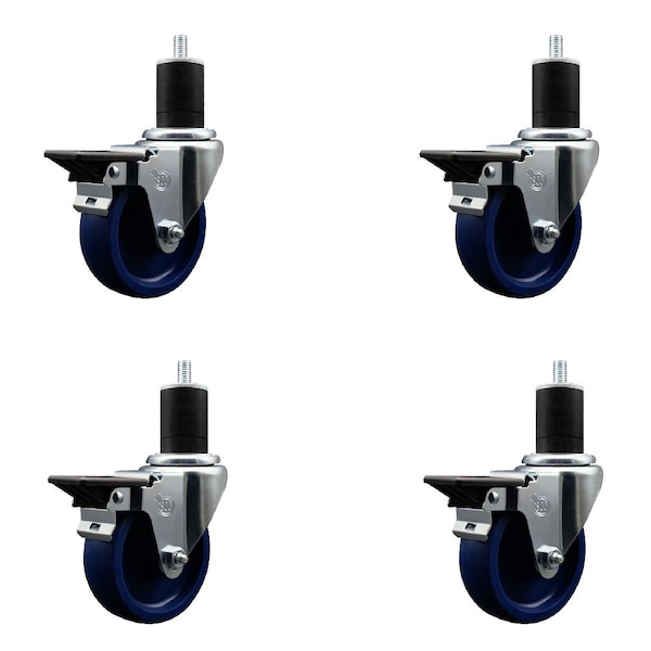 Service Caster 4'' Solid Poly Swivel 1-3/4'' Expanding Stem Caster Set with Brake, 4PK SCC-EX20S414-SPUS-PLB-134-4 - main